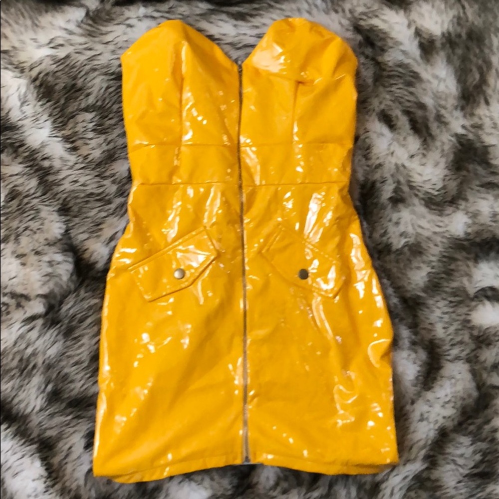 Yellow pleather zipper tight dress small